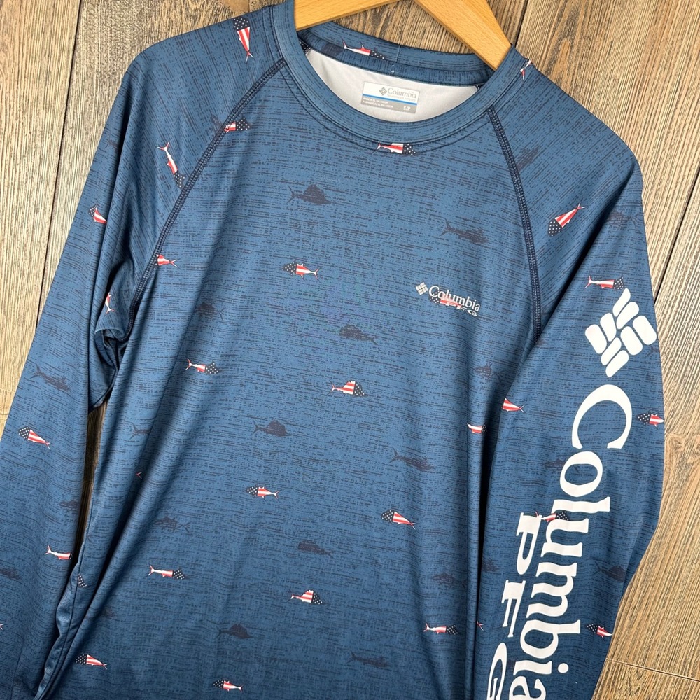 Columbia PFG Long Sleeve Fishing Shirt Fish American Flag Print Blue Men's Small